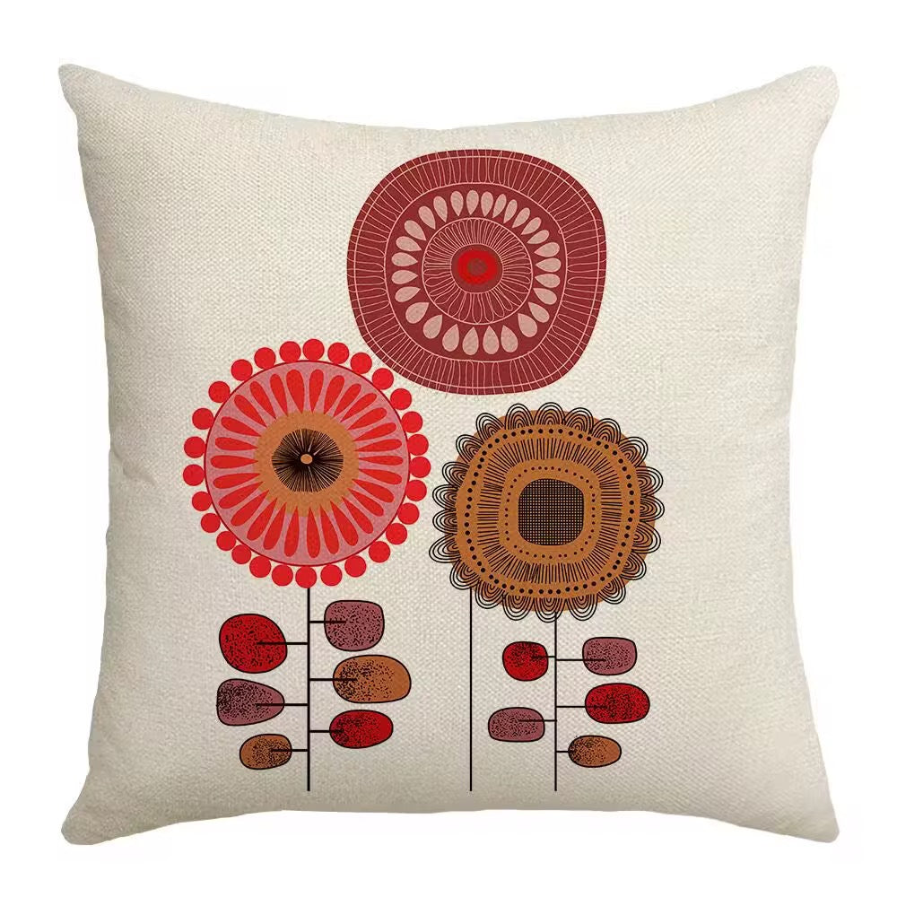 Cushion Cover, Set of 4 Cartoon Flowers Pattern Cotton and Linen Pillowcase Square House Sofa Cover 45 x 45 cm