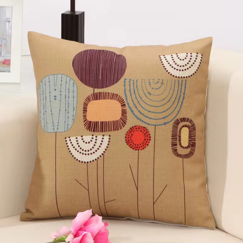 Cushion Cover, Set of 4 Cartoon Flowers Pattern Cotton and Linen Pillowcase Square House Sofa Cover 45 x 45 cm