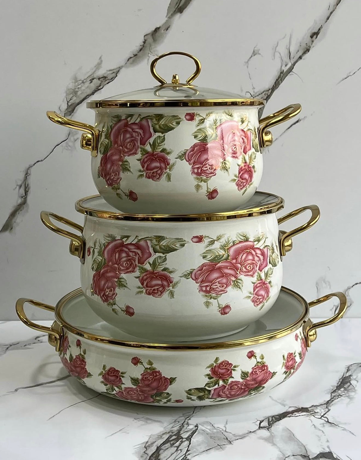 3pcs Enamelware Casserole Cooking Pot Set | Heavy-Duty Enamel Stockpots with Glass Lids in Kenya