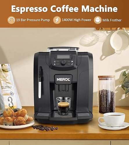 MEROL Fully Automatic Espresso Coffee Machine with Touch Screen, 19 Bar Cafe Maker Built-in Adjustable Grinder, for Coffee Lover,