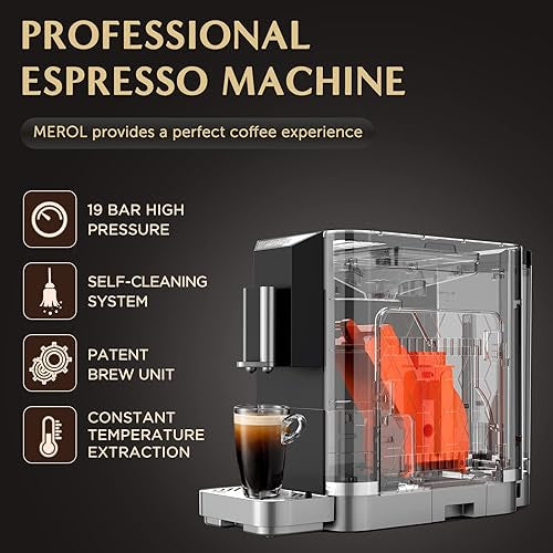 MEROL Fully Automatic Espresso Coffee Machine with Touch Screen, 19 Bar Cafe Maker Built-in Adjustable Grinder, for Coffee Lover,