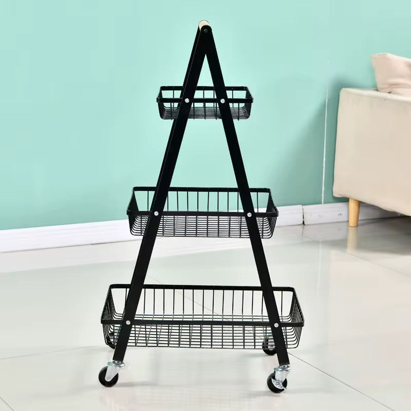 3-Tier Rolling Utility Cart Storage Shelves Multifunction Storage Vegetable Kitchen Trolley Service Cart with Mesh Basket Handles and Wheels Easy Assembly for Bathroom, Kitchen, Office,
