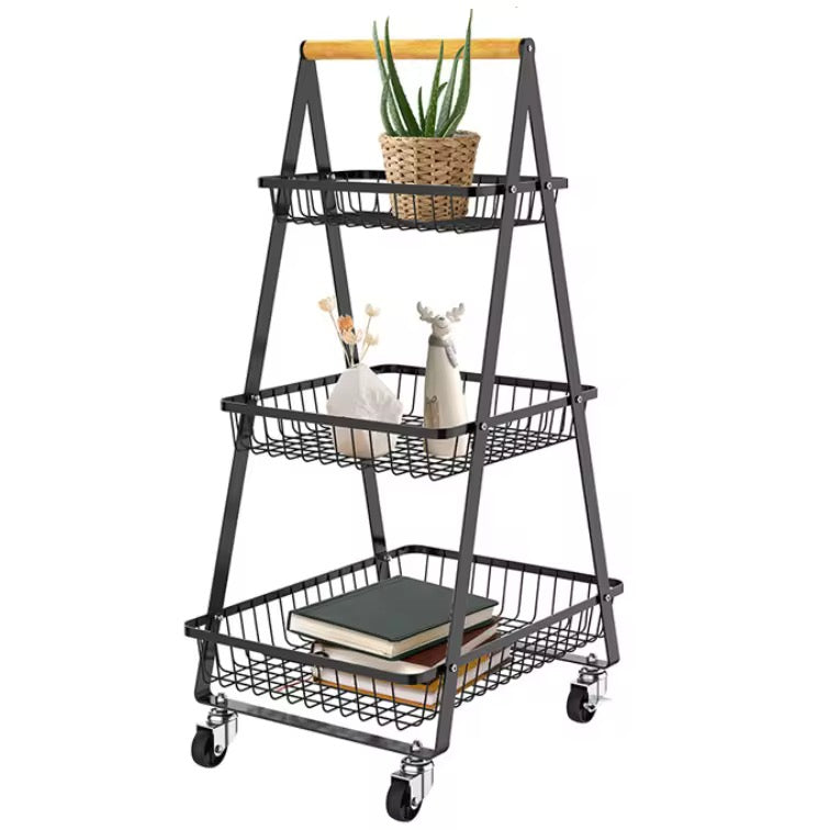 3-Tier Rolling Utility Cart Storage Shelves Multifunction Storage Vegetable Kitchen Trolley Service Cart with Mesh Basket Handles and Wheels Easy Assembly for Bathroom, Kitchen, Office,