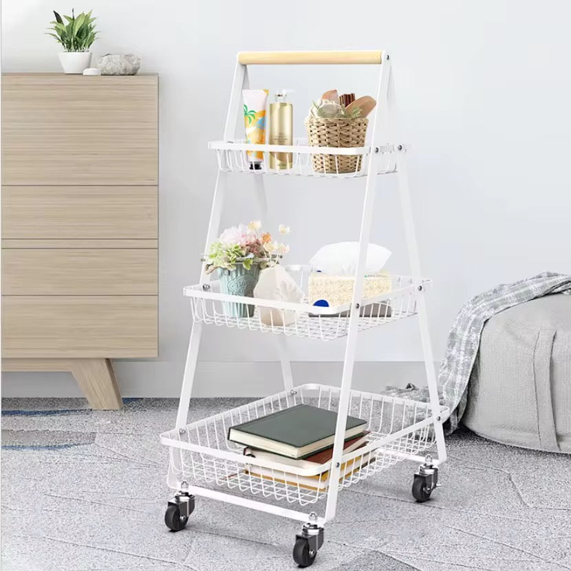 3-Tier Rolling Utility Cart Storage Shelves Multifunction Storage Vegetable Kitchen Trolley Service Cart with Mesh Basket Handles and Wheels Easy Assembly for Bathroom, Kitchen, Office,