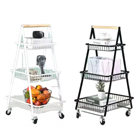3-Tier Rolling Utility Cart Storage Shelves Multifunction Storage Vegetable Kitchen Trolley Service Cart with Mesh Basket Handles and Wheels Easy Assembly for Bathroom, Kitchen, Office,