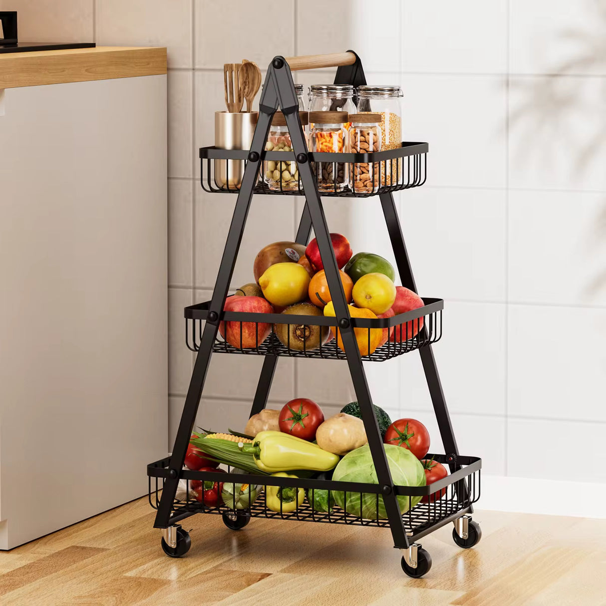 3-Tier Rolling Utility Cart Storage Shelves Multifunction Storage Vegetable Kitchen Trolley Service Cart with Mesh Basket Handles and Wheels Easy Assembly for Bathroom, Kitchen, Office,