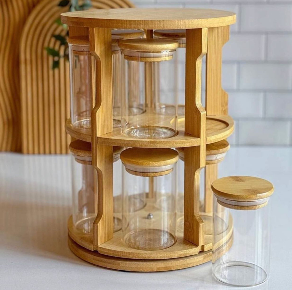 360° Rotating Spice Bamboo Tabletop Rack With 10 Big Jars & Accessories