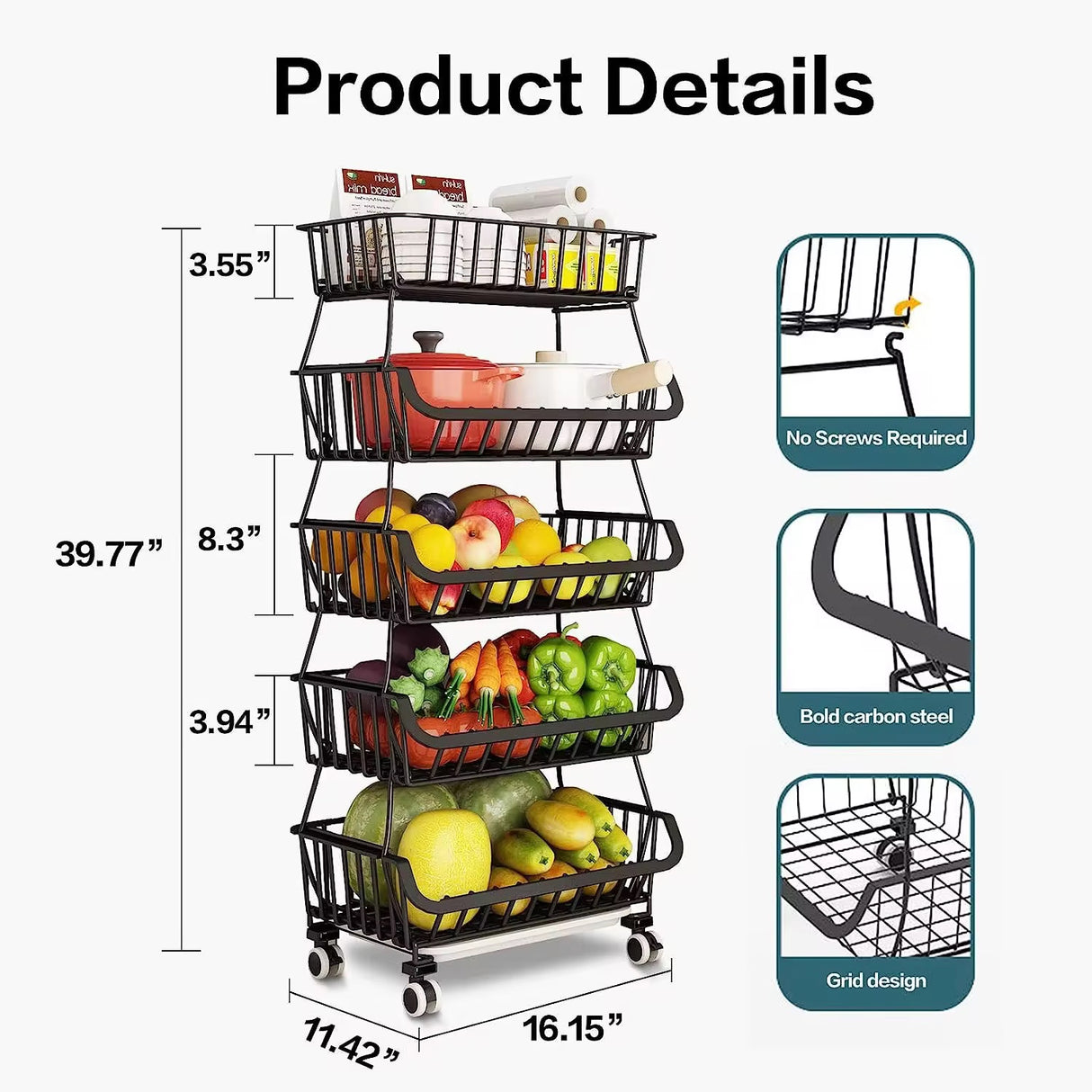 5-Tire Fruit and Vegetable Storage Rack, Metal Wire Storage Basket for Kitchen