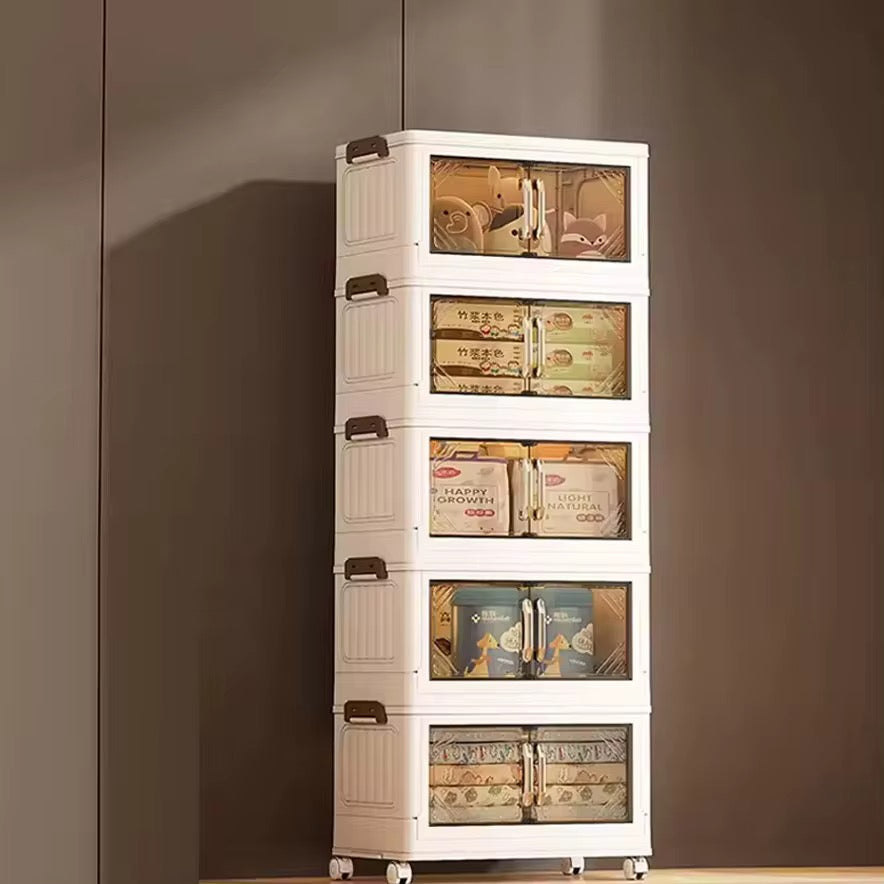 4 Pack Large Collapsible Storage Bins With Lids & Wheels, Plastic Folding Storage Box, Stackable Storage Bins with Doors for Closet Organizers and Storage