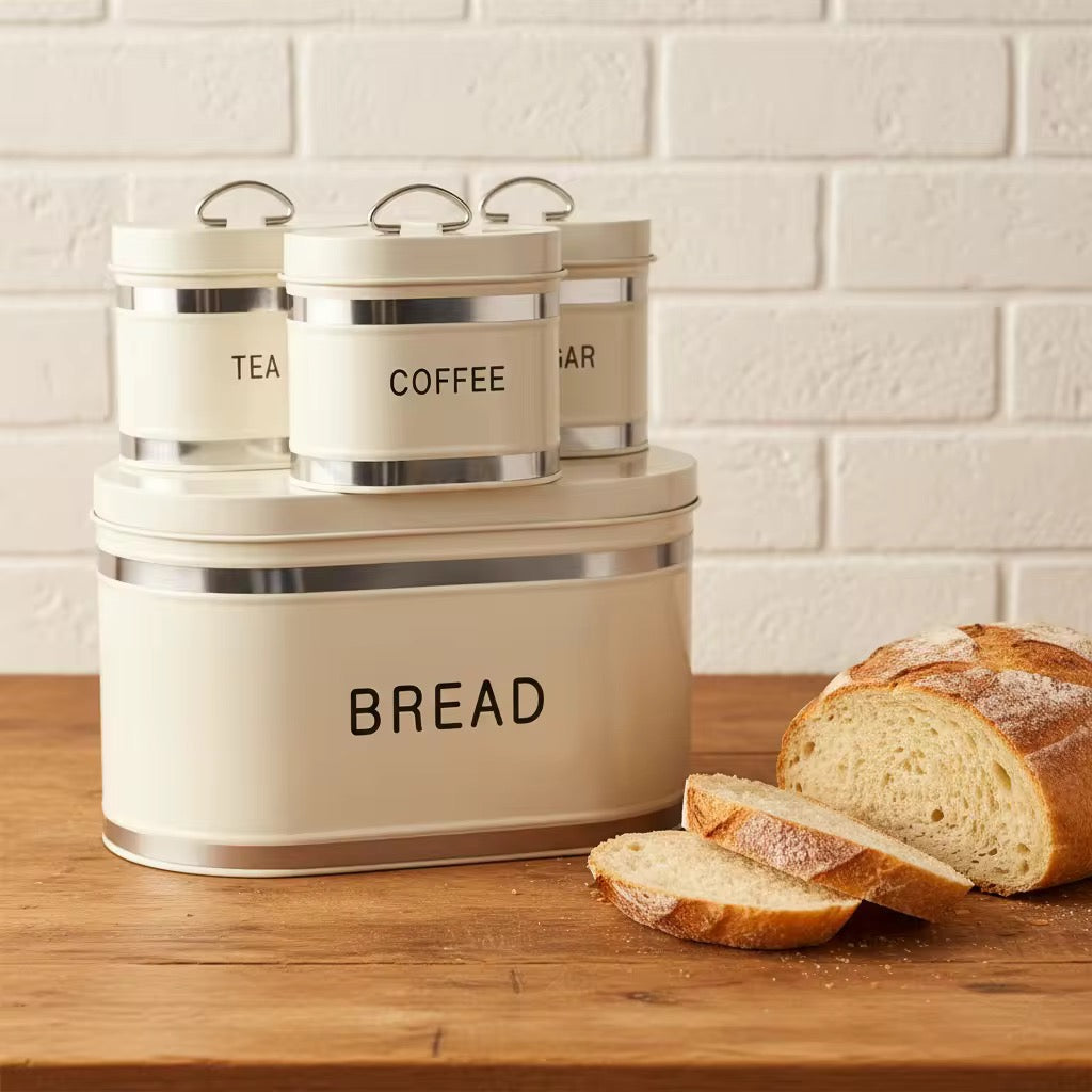 Bread Bin & 4-Piece Canister Set – Tea, Coffee & Sugar