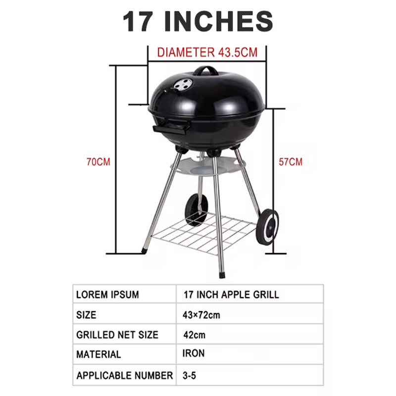 Charcoal Kettle Berbeque & BBQ Grill 44cm Portable with Wheels