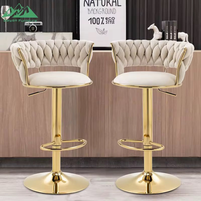 Velvet Swivel Bar Chair with Backrest – Height Adjustable, Gold Legs | Modern Bar Stool