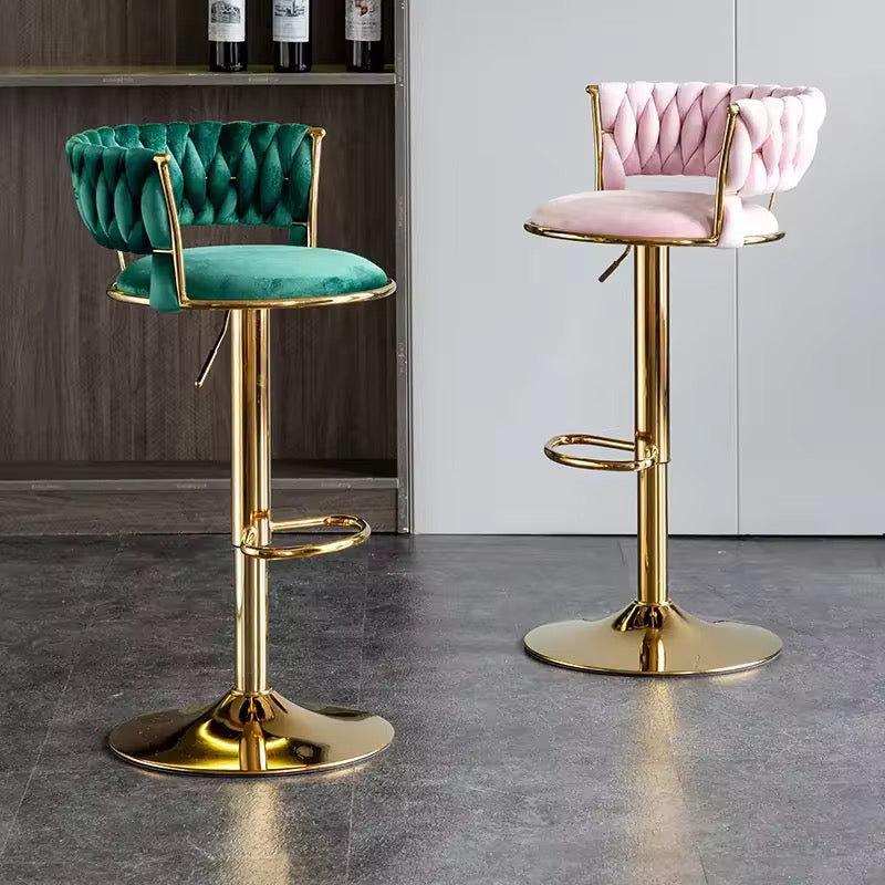 Velvet Swivel Bar Chair with Backrest – Height Adjustable, Gold Legs | Modern Bar Stool