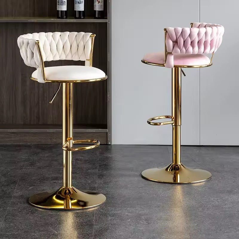 Velvet Swivel Bar Chair with Backrest – Height Adjustable, Gold Legs | Modern Bar Stool