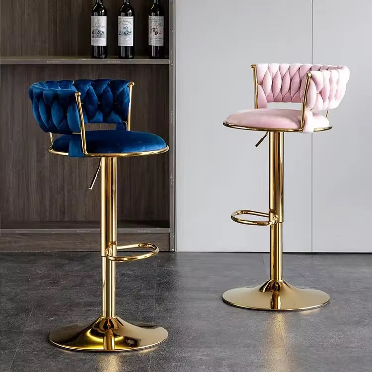 Velvet Swivel Bar Chair with Backrest – Height Adjustable, Gold Legs | Modern Bar Stool