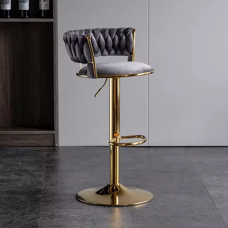 Velvet Swivel Bar Chair with Backrest – Height Adjustable, Gold Legs | Modern Bar Stool