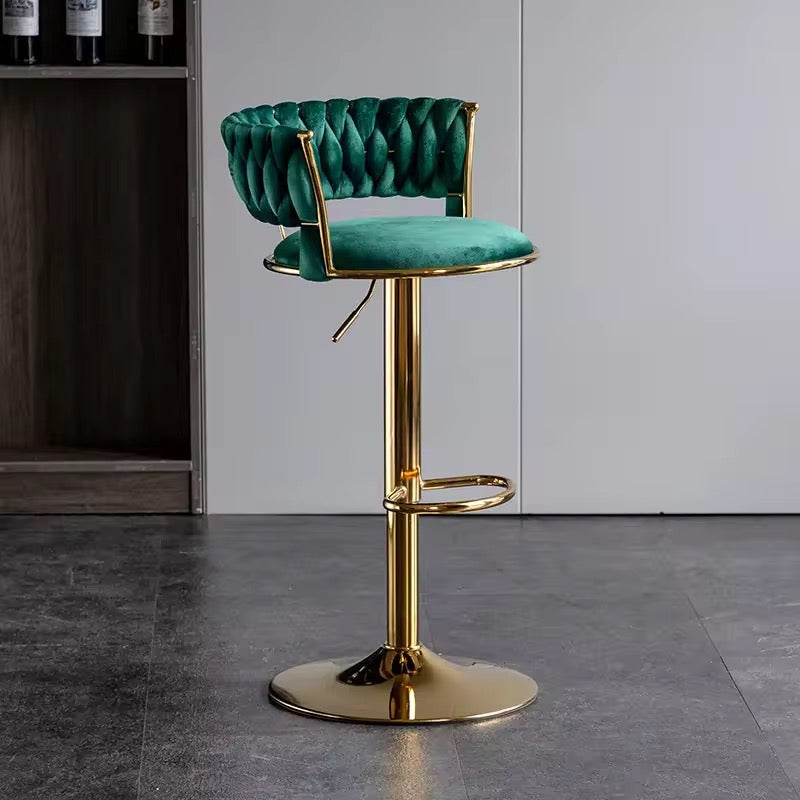 Velvet Swivel Bar Chair with Backrest – Height Adjustable, Gold Legs | Modern Bar Stool