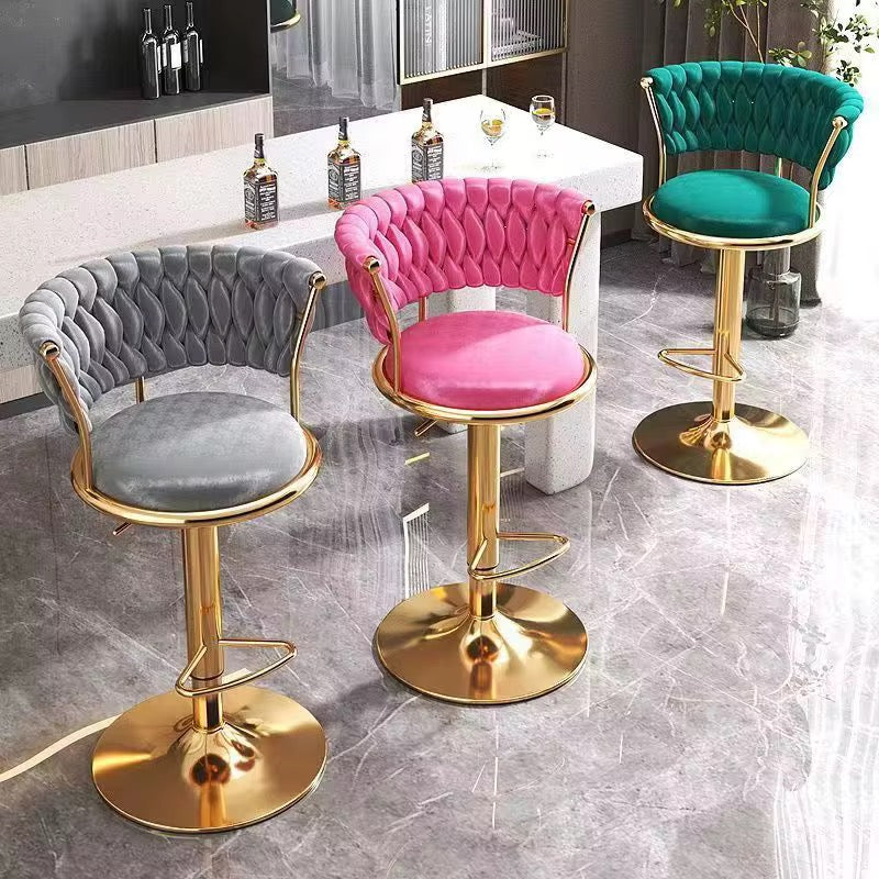 Velvet Swivel Bar Chair with Backrest – Height Adjustable, Gold Legs | Modern Bar Stool