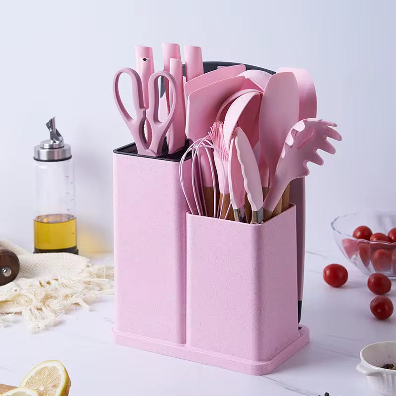 19 pcs Silicon spoons with knives and chopping board.