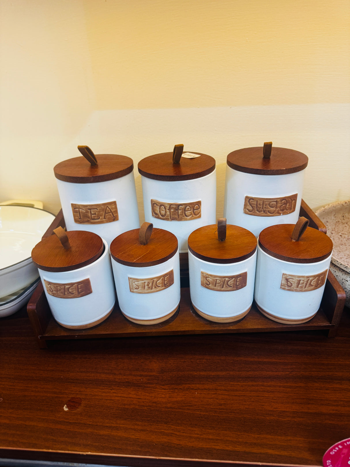 Ceramic Tea, Coffee & Sugar Canister Set with Bamboo Base Airtight Storage Jars