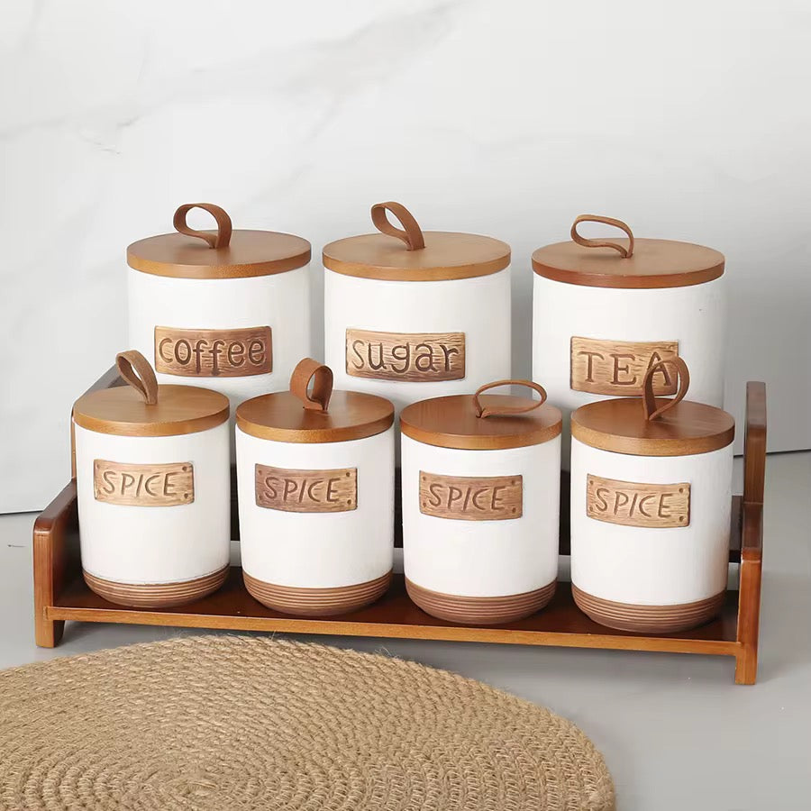 Ceramic Tea, Coffee & Sugar Canister Set with Bamboo Base Airtight Storage Jars