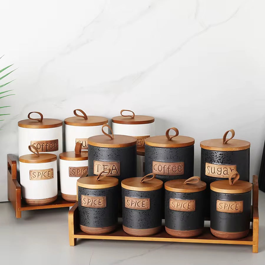 Ceramic Tea, Coffee & Sugar Canister Set with Bamboo Base Airtight Storage Jars