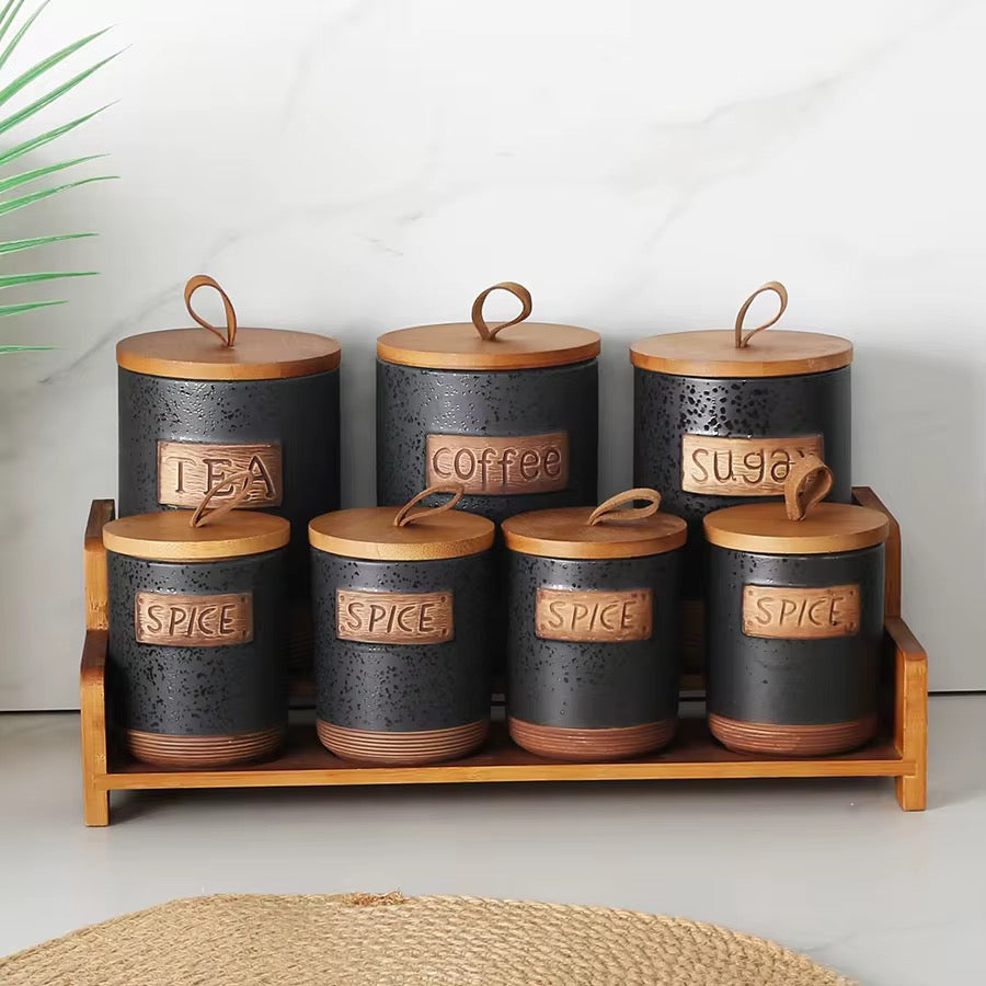Ceramic Tea, Coffee & Sugar Canister Set with Bamboo Base Airtight Storage Jars