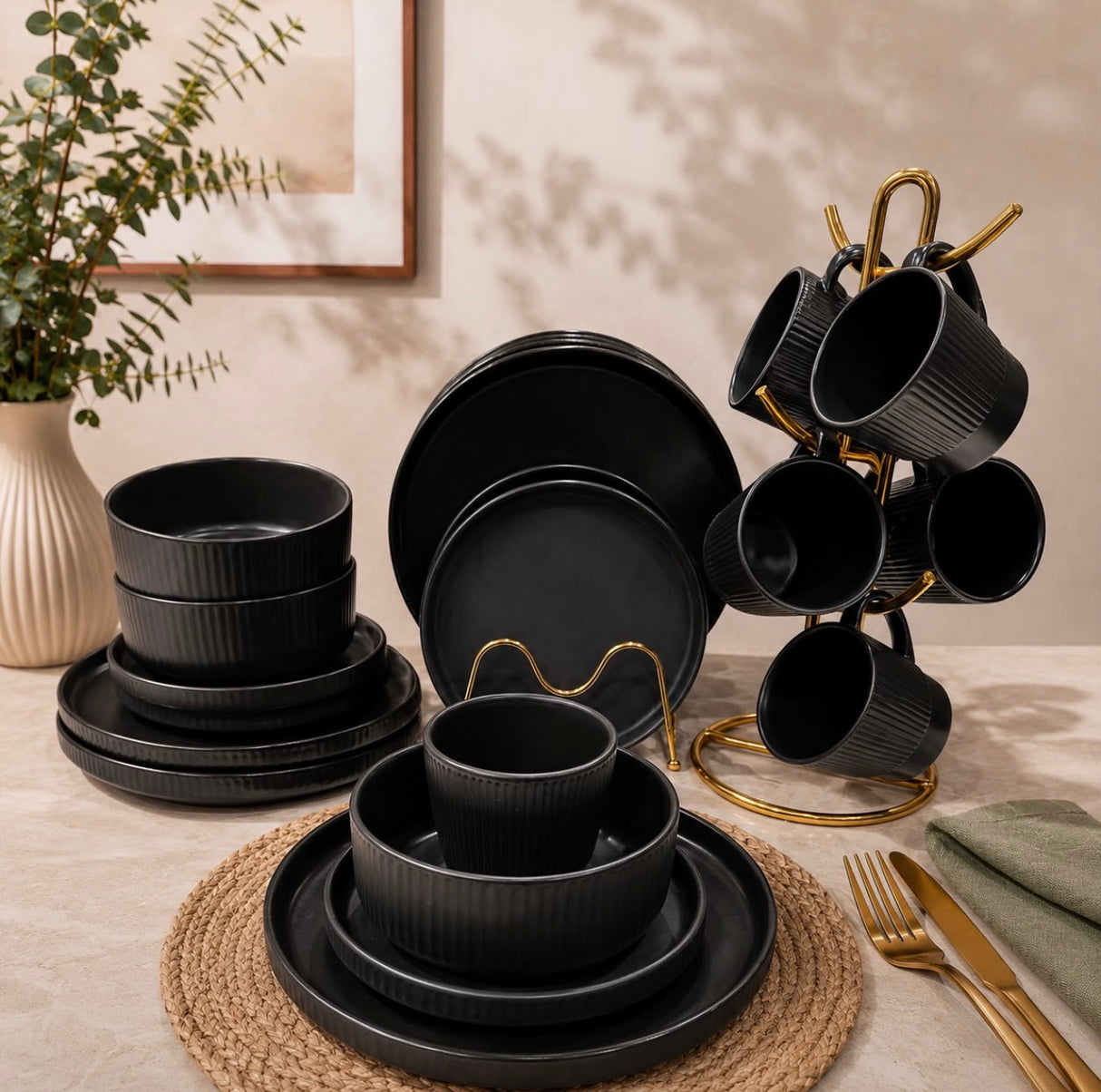 Black Ribbed Ceramic Dinner Set 24 Piece โ Modern Matte Black Plates, Bowls & Cups, Service for 6