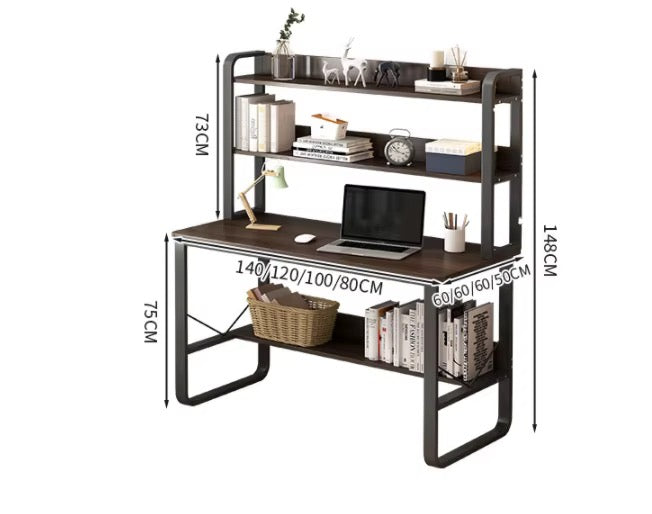 Study Workstation Desk with Hutch Shelves Walnut | Computer Desk with 2 Upper Shelves and Black Steel Frame