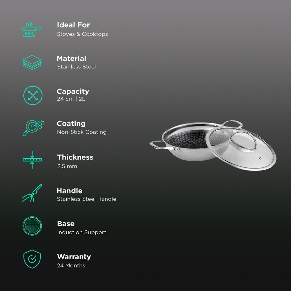 30cm Wok Pan 4.5L Deep Skillet Griddle with Lid – Tripply S/S Stainless Steel, Honeycomb Non-Stick Coating – Induction Compatible Stir-Fry Pan