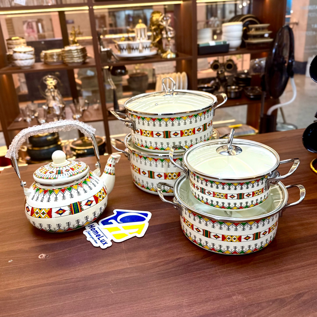 Signature Original Enamel Casseroles & Enamel Kettle Set 5pcs Floral Retro Design