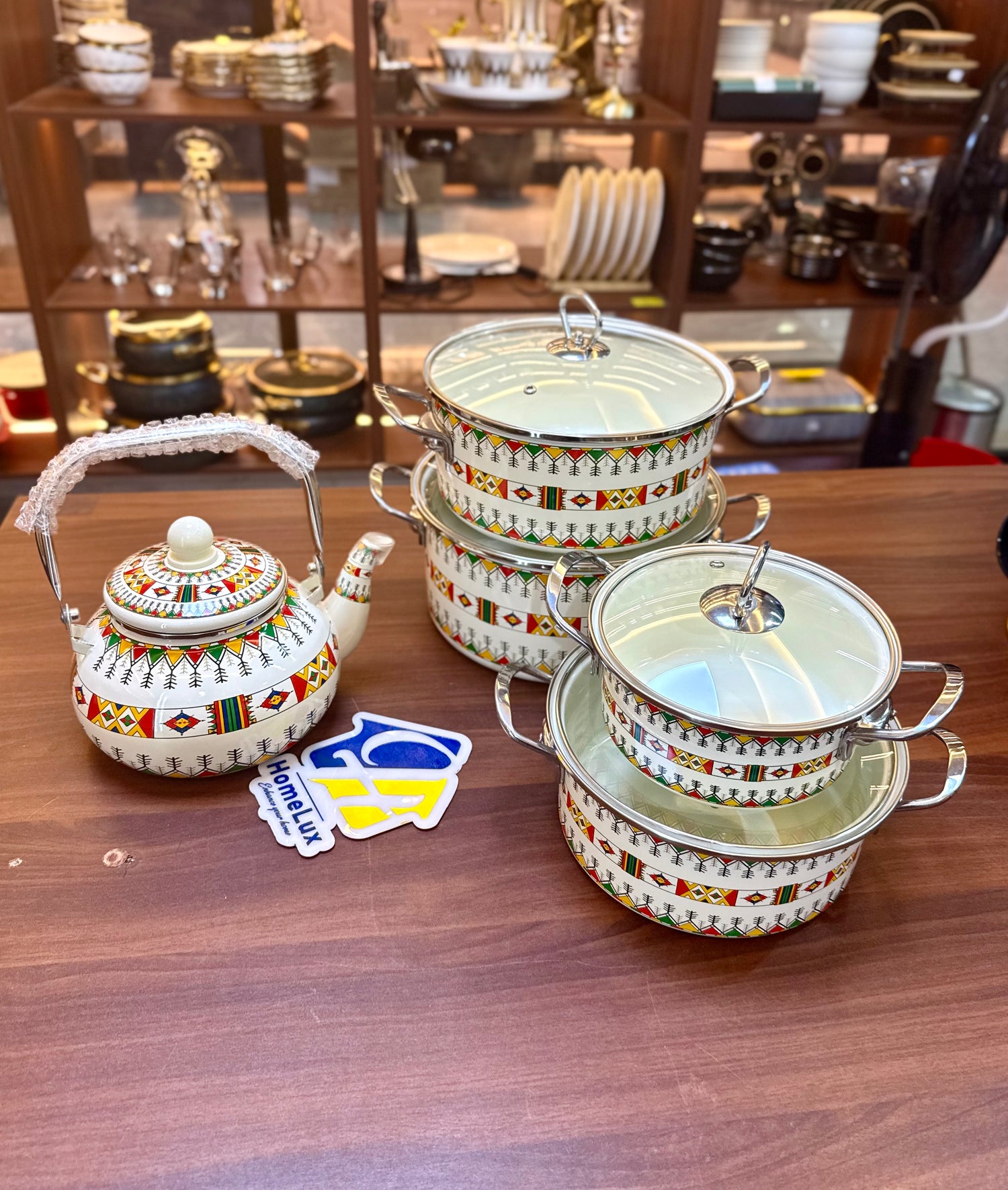 Signature Original Enamel Casseroles & Enamel Kettle Set 5pcs Floral Retro Design