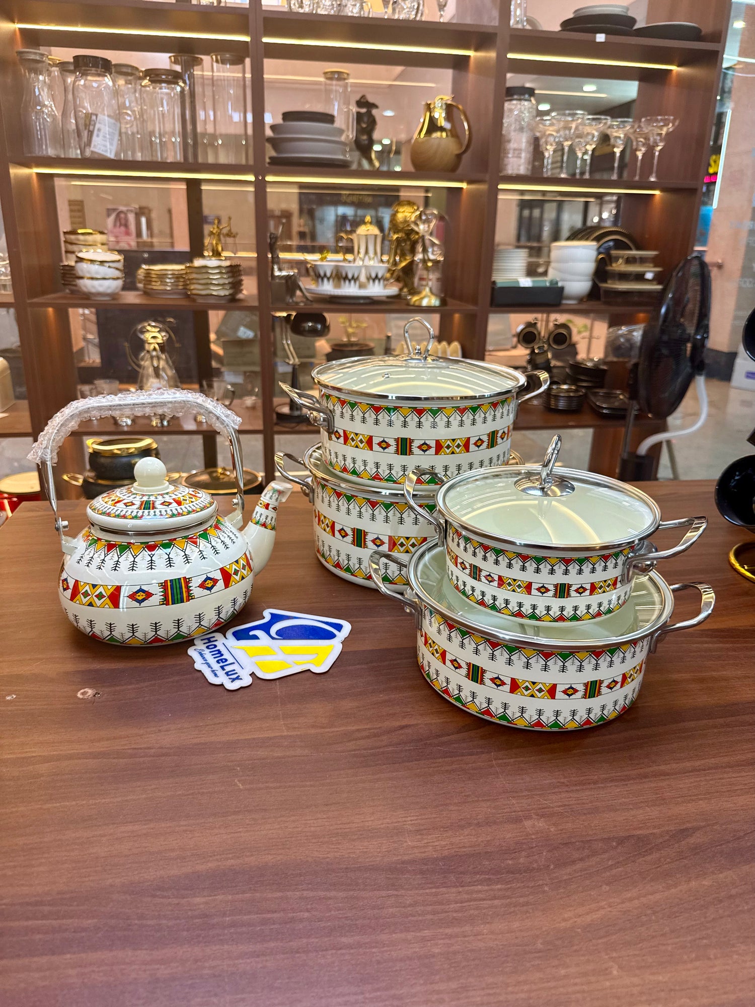 Signature Original Enamel Casseroles & Enamel Kettle Set 5pcs Floral Retro Design