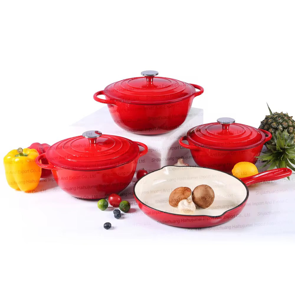 Cast Iron Kitchen Set: 7 Piece Enamel Cast Iron Pots, Bamboo Spoon Set and Sizzling Plate