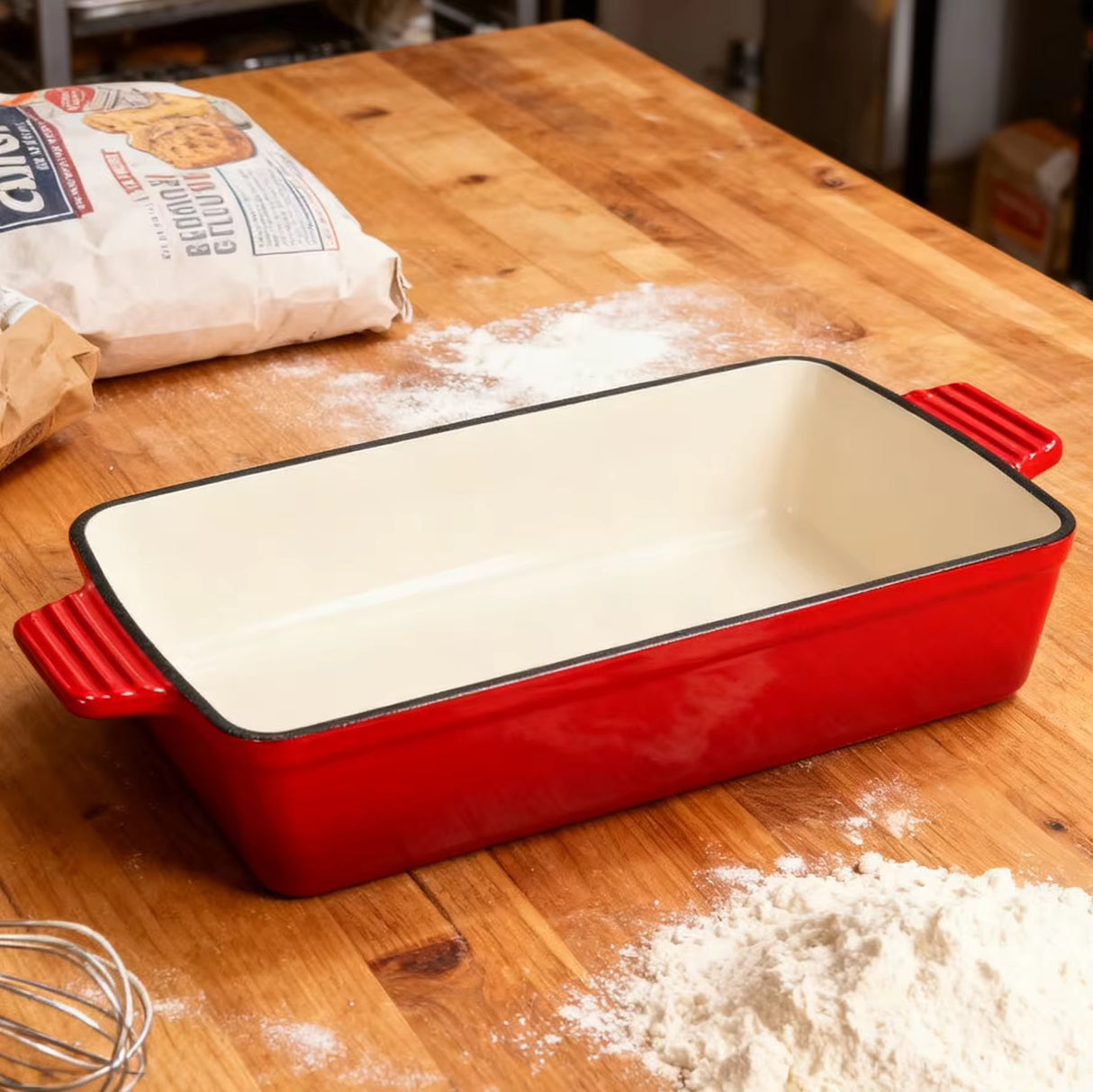 Enameled 13 Inch Cast Iron Rectangular Baking Pan for Lasagna Roasting and Casseroles Red