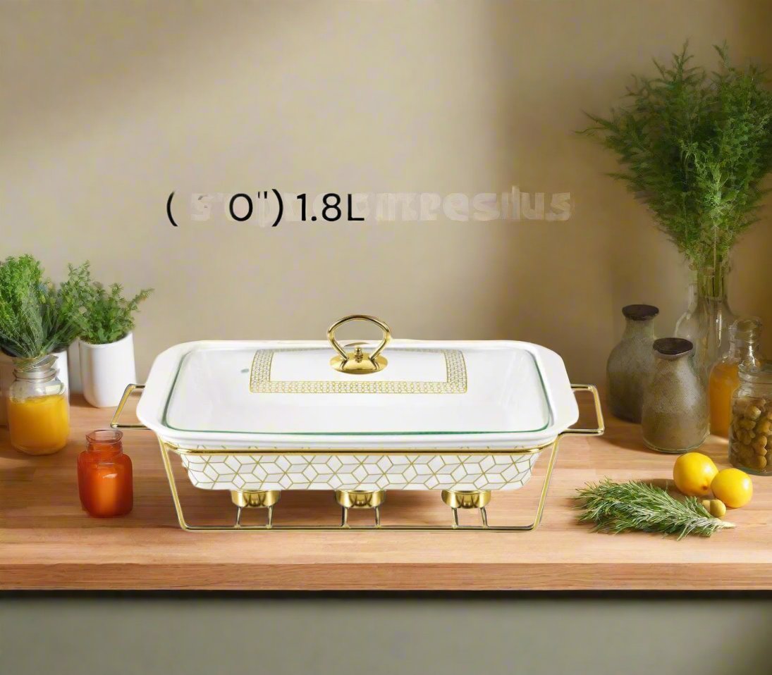 13inch 1.8l Ltr Rectangle Porcelain Casserole with Warmer Rack Food Warmer Chafing dish