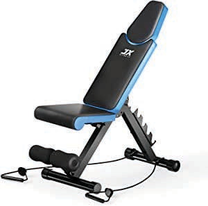 JX-204 adjustable incline decline weight bench in black and blue with resistance bands