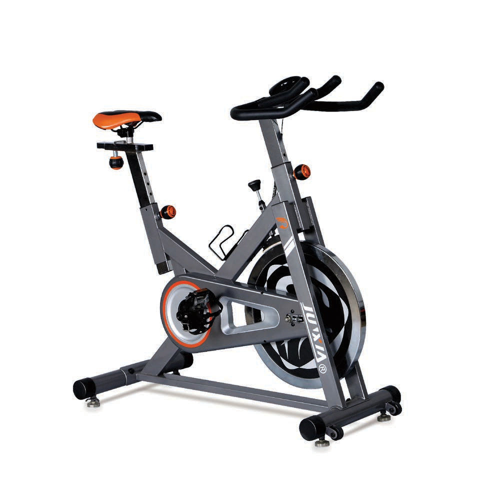 JX-7056 chain-drive spin bike in grey with orange saddle and 13kg flywheel