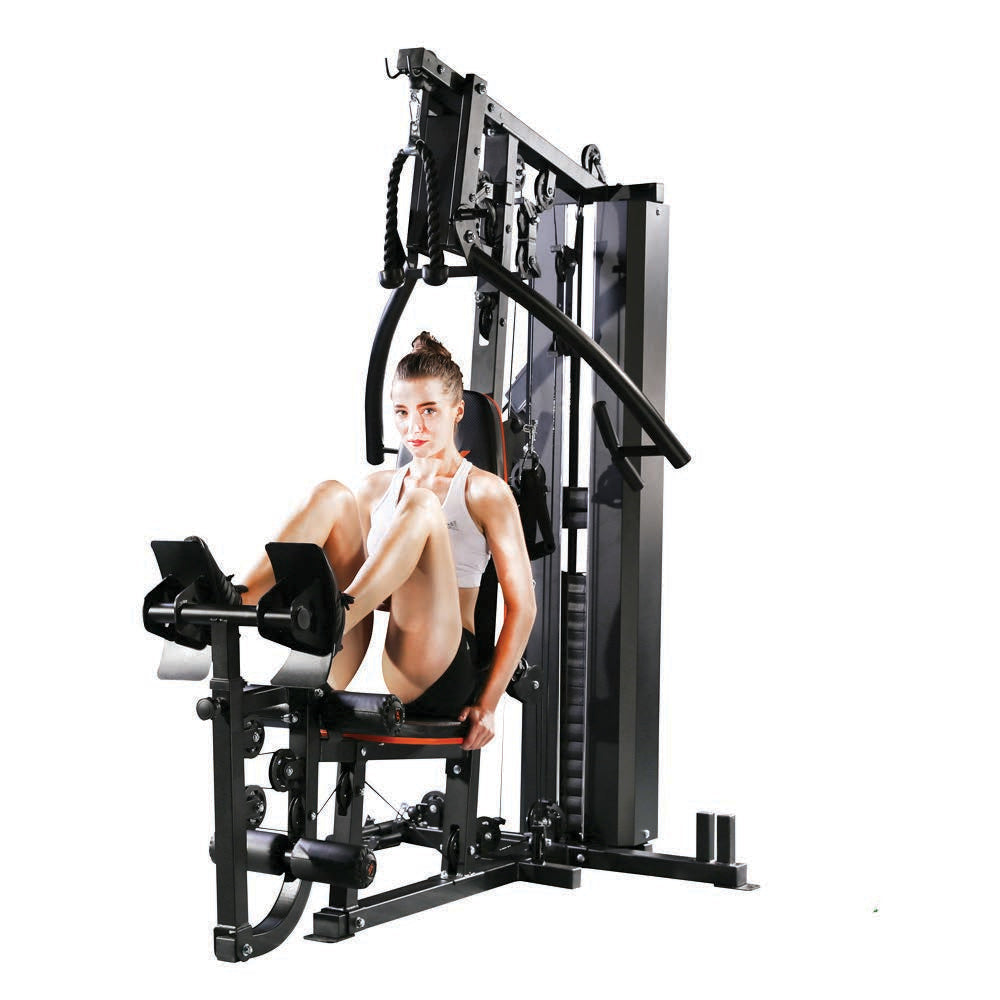 Athlete using the JX-916 multi-gym leg press station with its 72kg selectorised stack