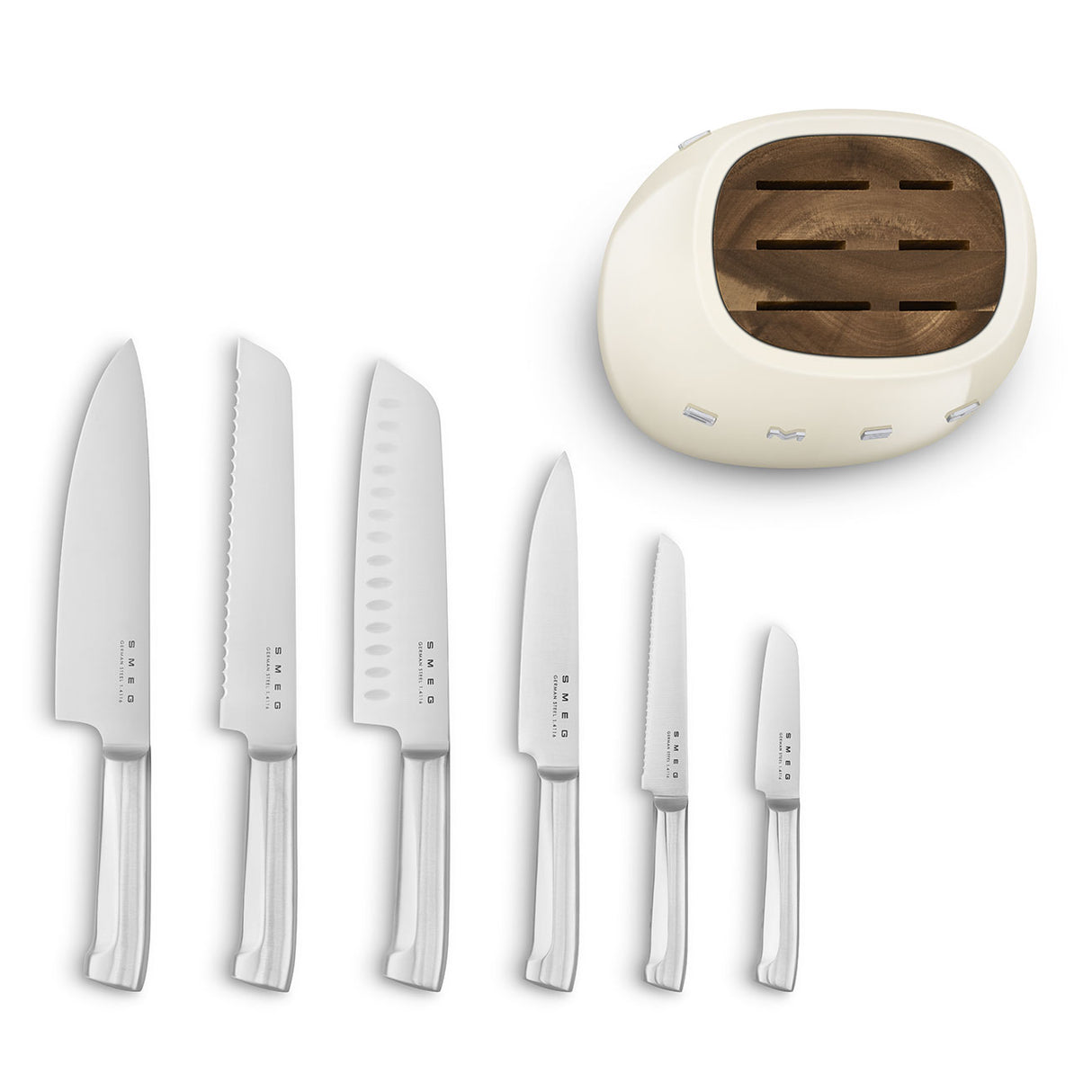 SMEG Knife Block Set 6 Piece โ Luxury Stainless Steel Kitchen Knife Set with Acacia Wood Block, Chef, Santoku, Bread & Utility Knives