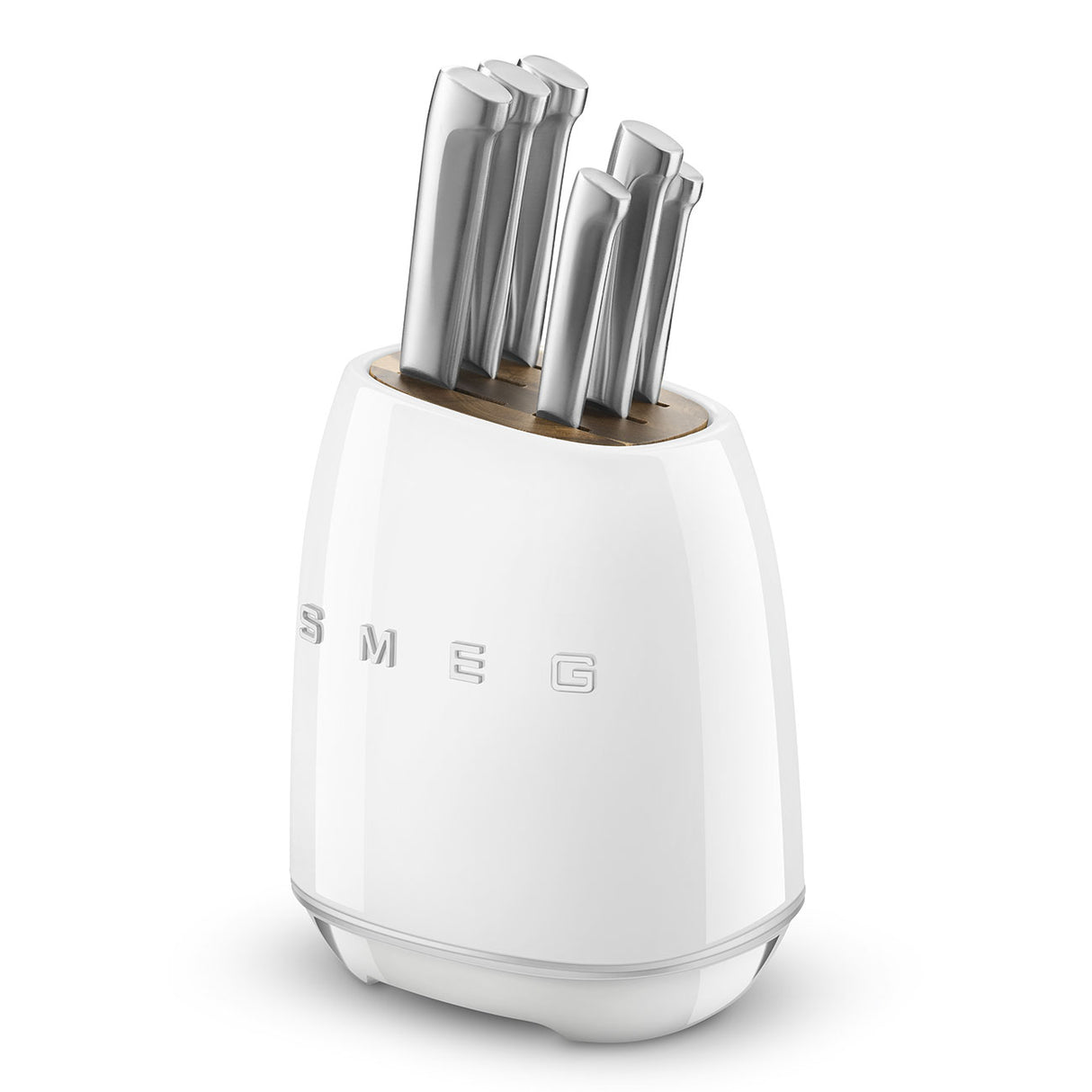 SMEG Knife Block Set 6 Piece โ Luxury Stainless Steel Kitchen Knife Set with Acacia Wood Block, Chef, Santoku, Bread & Utility Knives