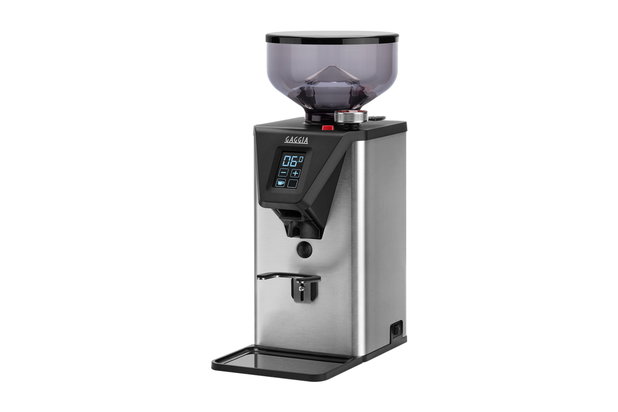 Gaggia MDF 55 premium coffee grinder, three-quarter view on a white background