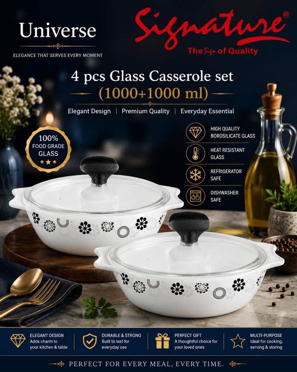 Signature 4-Piece Glass Casserole Set โ 1000+1000 ml Borosilicate, Oven & Freezer Safe - Universe