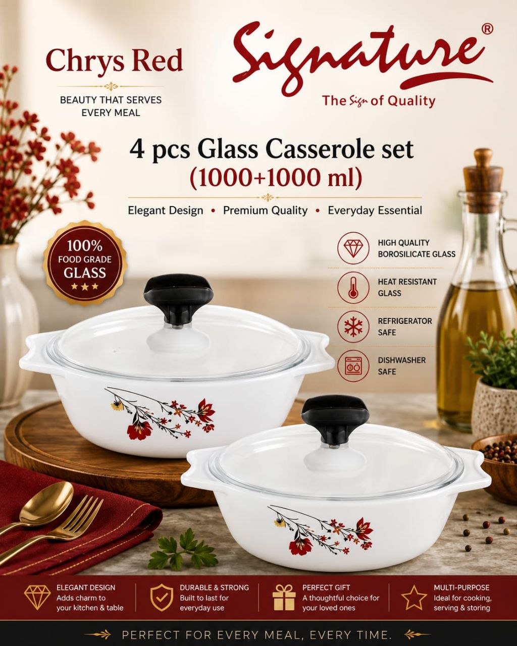 Signature 4-Piece Glass Casserole Set โ 1000+1000 ml Borosilicate, Oven & Freezer Safe - Chrys Red