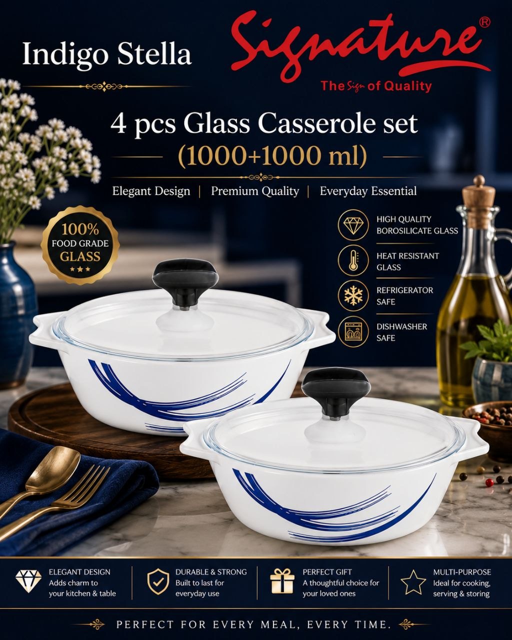 Signature 4-Piece Glass Casserole Set โ 1000+1000 ml Borosilicate, Oven & Freezer Safe - Indigo Stella