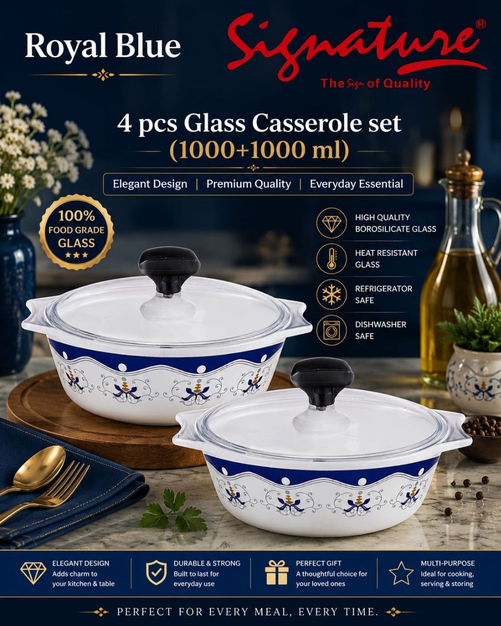 Signature 4-Piece Glass Casserole Set โ 1000+1000 ml Borosilicate, Oven & Freezer Safe - Royal Blue