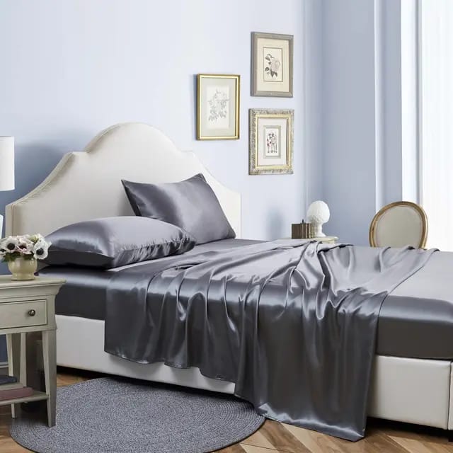 Luxury Silky Satin Silk Soft Fitted Bedsheets Bed Set- King Size