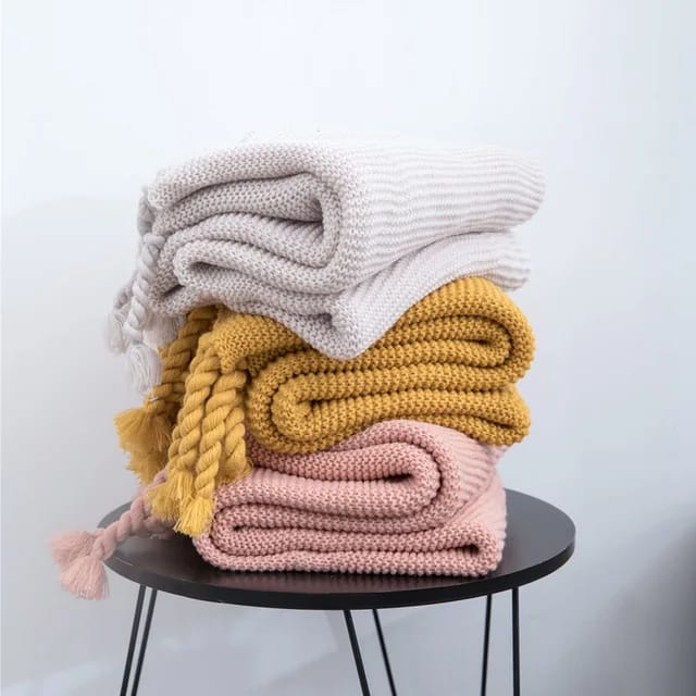 Knitted Throw Blanket With Tassels Fringe Throw for Couch Bed Sofa