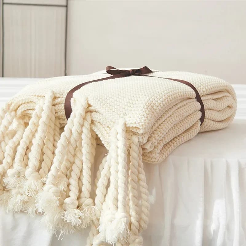 Knitted Throw Blanket With Tassels Fringe Throw for Couch Bed Sofa