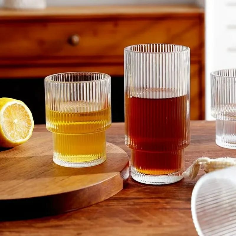 Ribbed Tumblers with Straws Glass Tumbler Cocktail Glasses 6pcs